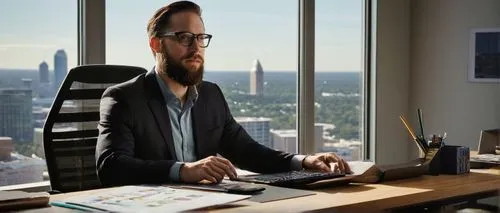 Modern office interior, architectural designer, 30s, male, casual formal wear, glasses, neat beard, sitting at desk, laptop, large monitor, design software, blueprints, ruler, pencil case, modern chai