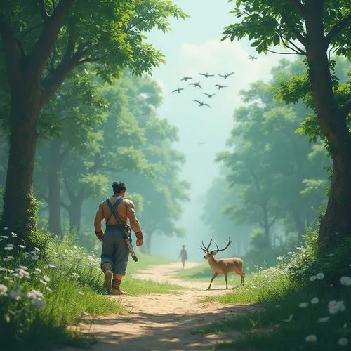 deer illustration,deer drawing,farmer in the woods,forest walk,konietzko,stroll,Illustration,Black and White,Black and White 01