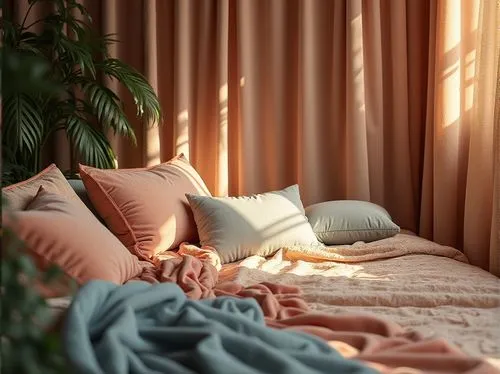 linen,bedroom,morning light,coziness,coziest,bed,a curtain,curtain,cozily,bedspreads,bamboo curtain,bedspread,warm colors,cozier,cosier,pillows,nettlebed,bedding,bed linen,comforter,Photography,General,Realistic