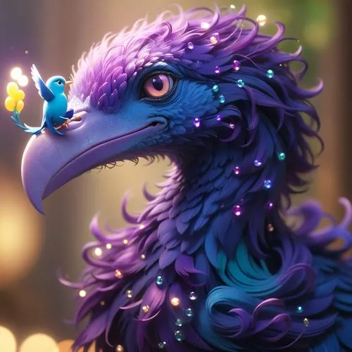 skoky colored with the purple bird,a bird with a small blue bird on it's forehead,fairy peacock,pavo,peacock,chakavian,kulu,featherlike,Anime,Anime,Cartoon