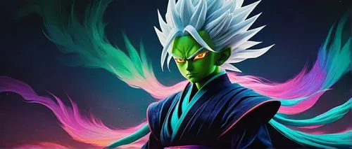 Fused Zamasu art, Japanese-inspired, mystical creatures, fusion of human and animal features, intricate details, vibrant colors, bold brushstrokes, textured fur, glowing eyes, flowing mane, dynamic po