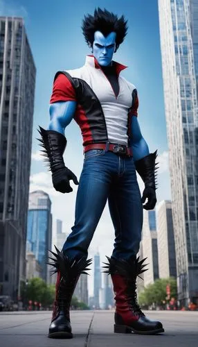 Megamind as human, male, muscular, blue skin tone, spiky black hair, sharp facial features, red eyes, white shirt, blue jeans, black boots, confident posture, standing, city street, skyscraper backgro