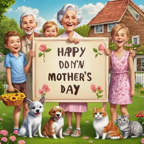 a whimsical illustration of a sign saying Happy mother's day with a photo of an old woman attatched. Around the sign with the photo there are photos of her grown up children and her grandchildren and 