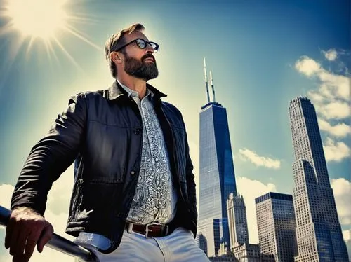 Male, mature photographer, 40s, short hair, beard, glasses, casual clothing, jeans, white shirt, black jacket, camera equipment, Chicago cityscape, Willis Tower, skyscrapers, urban landscape, sunny da