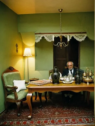 View into the upper-class apartment of a German Jew.,an old man sitting at a table with coffee,ahtisaari,menachem,kissinger,eggleston,primakov,ismaili,Photography,Documentary Photography,Documentary P