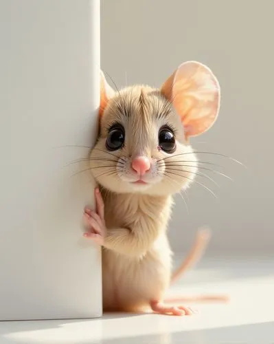 photograph of a cute [mouse] peeking from behind a wall, against a white background, high-definition studio shot, soft lighting, low contrast, clean color scheme, charming and endearing scene, focus o