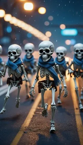 A cluster of Micro-skeletons holding shotguns and sprinting on a highway, wearing white-blue striped scarfs, hitting a bumper to bumper traffic, snowy night, Cyberpunk and Pixar 3D style,skull racing,