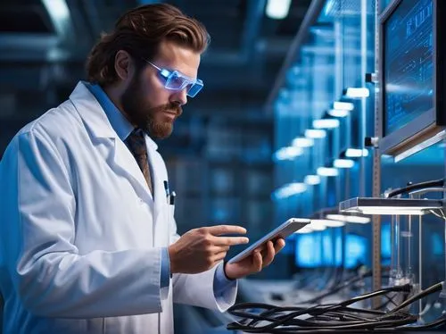 Futuristic laboratory, stable diffusion chamber, sci-fi equipment, metal walls, neon lights, futuristic computer screens, wires and tubes, leather-bound chair, male scientist, white lab coat, goggles,