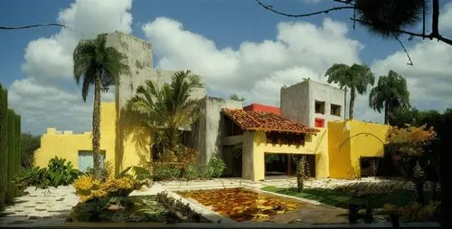 EL EXTERIOR DE UNA CASA CON ESTILO MEXCANO MODERNO, USO DE COLORES VIBRANTES, MATERIALES REFIONALES, TEJA, VIGAS DE MADERA, EN UN AMBIENTE EXUBERANTE, ESTANQUE DE AGUA AL FRENTE.,a large yellow house 