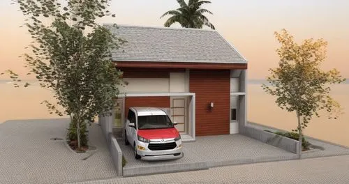 3d rendering,compact van,inverted cottage,planted car,parking system,small house,mobile home,eco-construction,coastal protection,microvan,fire station,hydrogen vehicle,small cabin,heat pumps,garage,re