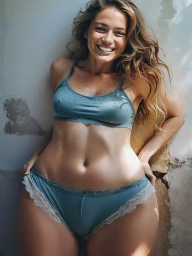 a smiling woman with long hair and freckles standing in front of a wall,a pretty woman posing in a bikini and underwear,panza,nutrisystem,pansa,gorda,body positivity,beautiful woman body,Photography,D