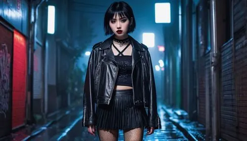 Asian goth girl, slender build, pale skin, dark eye circles, black eyeliner, bold red lipstick, short choppy black hair, fishnet stockings, pleated skirt, leather jacket, choker with silver crosses, C