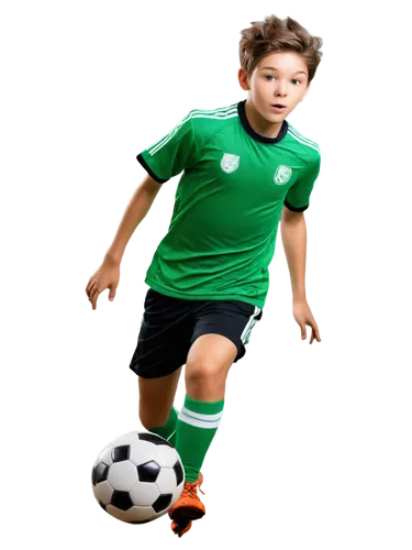 Dynamic young boy, athletic wear, messy short hair, bright eyes, energetic facial expression, kicking motion, soccer ball, flying trajectory, blurred background, vivid color tone, shallow depth of fie