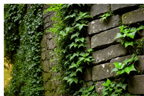 Rugged stone wall, ancient, weathered, moss-covered, ivy-climbing, rough-hewn stones, crumbling edges, rustic texture, natural lighting, 3/4 composition, shallow depth of field, warm color tone, cinem