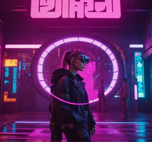 cyberpunk, vaporwave, syfy, 1990,a girl in black clothes standing with purple neon lights,cyberpunk,digitalism,cyber glasses,cyberpunks,junipero,neon arrows,Art,Artistic Painting,Artistic Painting 43