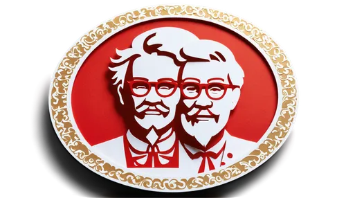 KFC Japan logo, red and white color scheme, circular shape, Colonel Sanders' face, Japanese Kanji characters, golden crown, bold font, 3D effect, low-angle shot, central composition, warm lighting, hi