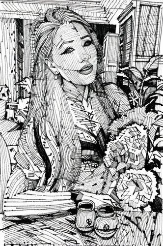 woman at cafe,caricature,caricaturist,blonde woman reading a newspaper,coloring page,coloring picture,book illustration,comic halftone woman,coloring pages,botticelli,old woman,pen drawing,girl studyi