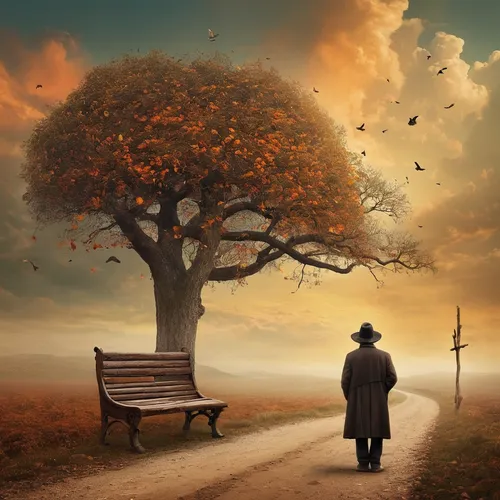 autumn background,man on a bench,photo manipulation,fantasy picture,autumn landscape,lone tree,autumn tree,bodhi tree,photoshop manipulation,photomanipulation,isolated tree,landscape background,one autumn afternoon,autumn idyll,solitude,world digital painting,autumn theme,autumn scenery,the autumn,conceptual photography,Photography,Documentary Photography,Documentary Photography 32