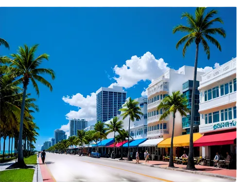 Miami Florida cityscape, sunny day, blue sky, white clouds, skyscrapers, Art Deco buildings, palm trees, Ocean Drive, South Beach, beachside promenade, people walking, tropical atmosphere, vibrant col