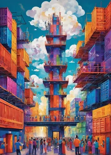 colorful city,fantasy city,shanghai,shanghai disney,kaleidoscape,katmandu,tetris,kathmandu,kowloon,fez,cybertown,osaka,metropolis,binondo,skylands,skyscraper town,imaginasian,microdistrict,colorama,imaginationland,Conceptual Art,Oil color,Oil Color 25