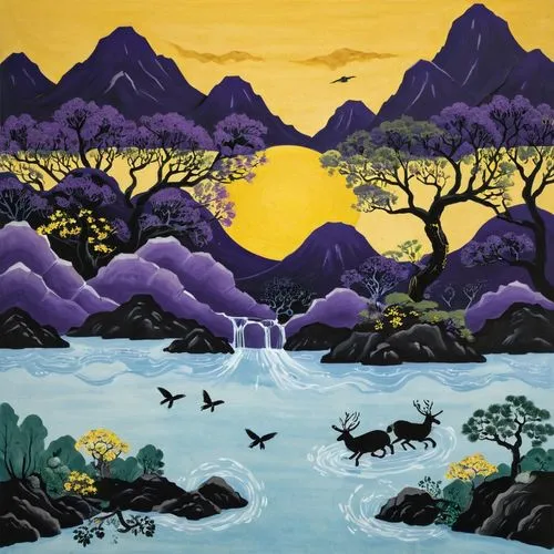 khokhloma painting,kakadu,paisaje,burchfield,mountain scene,purple landscape,gondwanaland,david bates,indigenous painting,serengeti,river landscape,brook landscape,safari,zambezian,landscape background,waterhole,kariba,black landscape,lagoda,mountainous landscape,Illustration,Abstract Fantasy,Abstract Fantasy 05