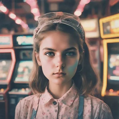 retro girl,vintage girl,arcade games,jukebox,arcade,retro woman,vintage boy and girl,portrait of a girl,girl portrait,pinball,vintage makeup,girl wearing hat,young woman,vintage woman,retro women,the girl's face,mystical portrait of a girl,vintage girls,eleven,carousel,Photography,Polaroid