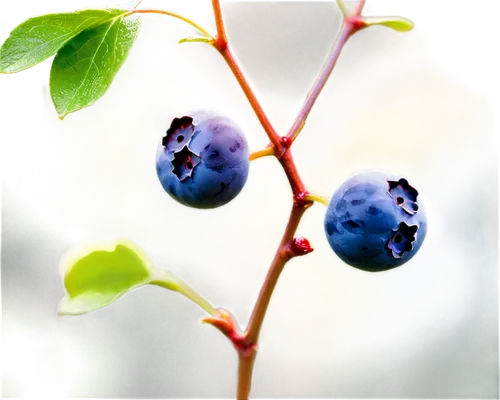 Blueberries, ripe, juicy, small, round, plump, sweet, shiny skin, green calyx, stem attached, morning dew, soft natural light, macro shot, shallow depth of field, warm color tone, cinematic compositio