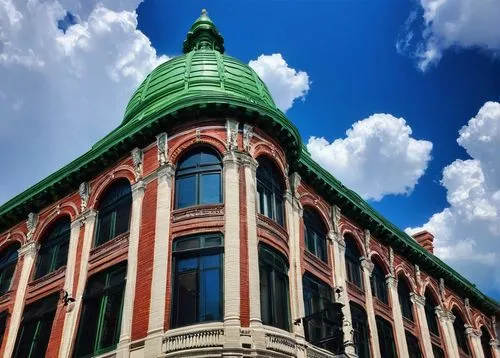 Historic architecture, Cincinnati, Ohio, USA, American style, grand entrance, ornate details, columns, arches, domes, intricate carvings, red brick walls, green copper roofs, urban landscape, cityscap