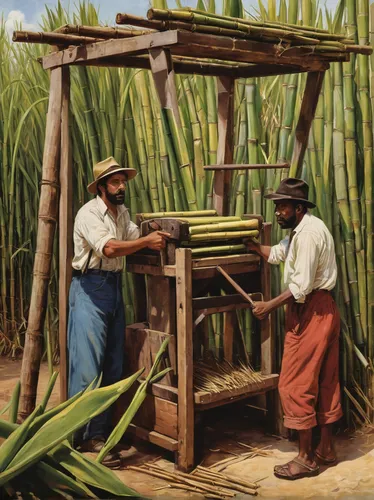 Write a comedy scene with characters trying to operate a malfunctioning sugar cane press.,sugar cane press,sugarcane,sugar cane,maracuja oil,cienaga de zapata,threshing,workers,straw cart,weaving,yucc