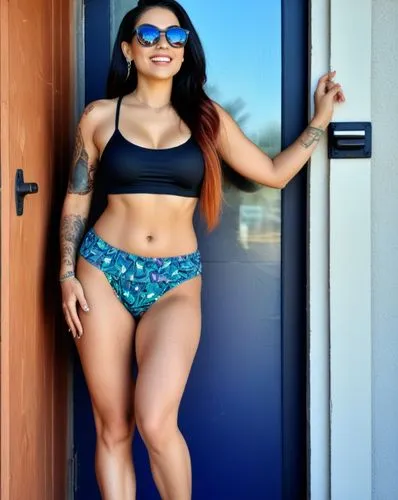 a  girl wearing a bikini posing in front of a door,two piece swimwear,thickness,bermudas,aboul,bani,namitha