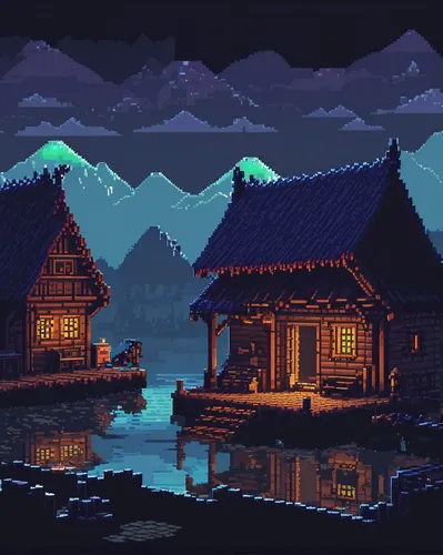 mountain huts,floating huts,the cabin in the mountains,cottage,winter house,log cabin,house with lake,small cabin,house in mountains,mountain village,boathouse,fisherman's hut,house in the mountains,mountain settlement,wooden hut,summer cottage,lonely house,alpine village,fishing village,fisherman's house,Unique,Pixel,Pixel 01