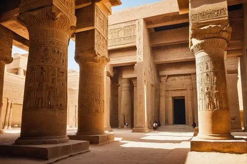 Ancient Egyptian temple, monumental entrance, imposing stone pillars, intricate hieroglyphics, lotus flower motifs, obelisk, papyrus columns, vaulted ceiling, sandy beige stone walls, ornate frescoes,