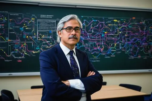 UTD professor, middle-aged man, bespectacled, gray hair, formal wear, white shirt, black tie, dark blue suit, standing, confident posture, lecturing, computer architecture diagram on the blackboard, c