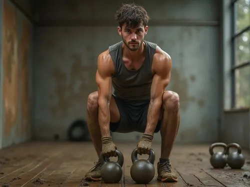 Mud-covered fitness area, natural earthy tone, rustic wood flooring, concrete walls, industrial-style lighting, athletic male, muscular build, sweat-drenched face, intense gaze, messy short hair, slee