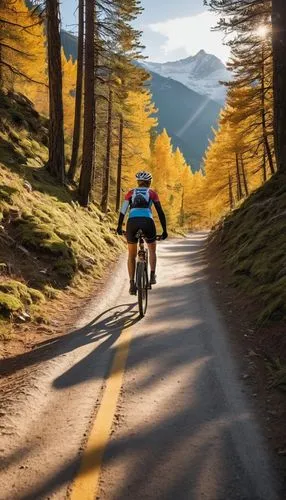 Una ciclista en plena acción, pedaleando con intensidad por un sendero escarpado que serpentea a través de majestuosas montañas cubiertas de bosques. El sol naciente baña la escena con una luz dorada,