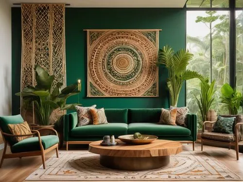 tropical greens,moroccan pattern,boho art style,contemporary decor,modern decor,boho art,bohemian art,interior decor,sitting room,philodendron,mahdavi,betel palm,apartment lounge,chaise lounge,interior design,philodendrons,garden design sydney,green living,decor,interior decoration,Illustration,Abstract Fantasy,Abstract Fantasy 12