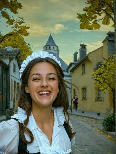 A 30-year-old French maid laughing her head off on the street.,the girl in the costume has a smile on her face,miss circassian,loches,pierrefonds,girl in a historic way,luxembourgeoise,luxemburgo,Phot