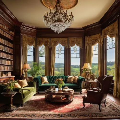 sitting room,reading room,bookcases,great room,highgrove,luxury home interior,victorian room,ornate room,opulently,greystone,bookshelves,family room,loebs,livingroom,living room,palatial,breakfast room,dandelion hall,cholmondeley,kylemore abbey,Illustration,American Style,American Style 03