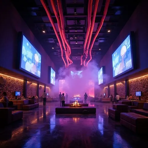 Vibrant nightclub atmosphere, pulsing strobe lights, neon color schemes, laser beams, fog machines, dark tone walls, metallic accents, glossy dance floors, VIP lounge areas, dimmable LED lighting, col