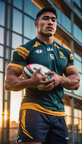 Rugby player, muscular man, strong facial features, short messy hair, no glasses, sporty casual clothing, athletic wear, holding rugby ball, standing in front of modern architectural building, glass a