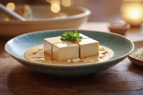 a plate of tofu pudding,danbo cheese,paneer,greek feta cheese,tofu,cheese fondue,curd cheese,nut-nougat cream,swiss fondue,parmigiano,daikon,white chocolate mousse,kulfi,hokkaido soup ginger,el-trigal