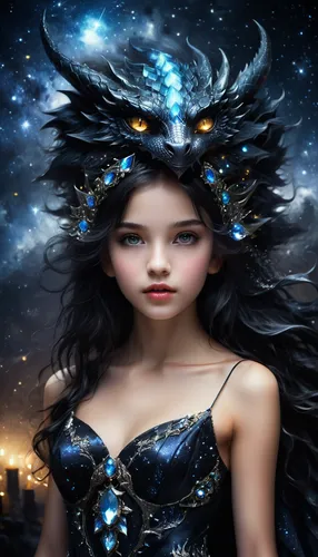 beautiful goddess of the night, sparkling dark beautiful hair, black dragon spirit, young beautiful girl 14 years old, beautiful eyes, beautiful lips, beautiful sparkling goddess dress decorated with 