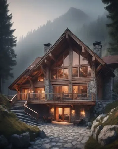 Mountain home, luxurious villa, modern wooden structure, steeply pitched roof, large windows, sliding glass doors, cozy balcony, overlooking breathtaking mountain views, misty morning atmosphere, surr