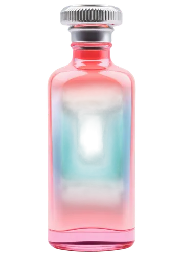 Clear glass bottle, transparent body, silver metal cap, rounded shoulders, narrow neck, colorful liquid inside, pastel pink, hex code #E6DAC3, soft gradient effect, 3/4 composition, warm lighting, sha