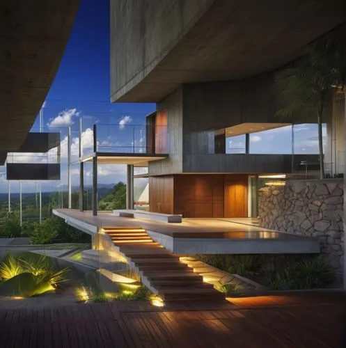 modern tropical case study house architecture, Puerto Rico, meditation architecture of brazilian architect Marcio Kogan, modern, realistic, corten steel, concrete, wood, award winning perspective, raw