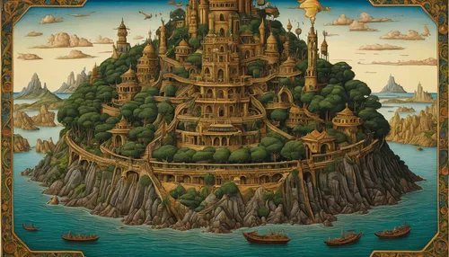 tower of babel,water castle,basil's cathedral,fairy tale castle,an island far away landscape,fantasy city,castle of the corvin,flying island,floating island,sea fantasy,castles,mushroom island,imperial shores,fairy chimney,saint basil's cathedral,islet,artificial island,artificial islands,fantasy world,fairytale castle,Art,Classical Oil Painting,Classical Oil Painting 28