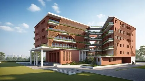 
Create a render of a university exterior façade featuring a contemporary yet traditional design. The building’s façade is predominantly brick, with intricate jaali patterns integrated into the brickw