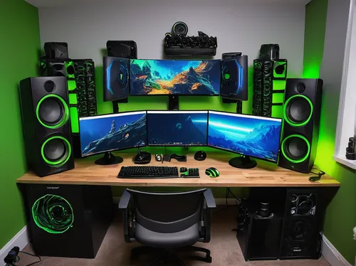 monitor wall,music workstation,computer workstation,computer desk,desk,monitors,game room,little man cave,setup,great room,computer room,entertainment center,cable management,creative office,fractal design,computer speaker,pc speaker,rig,aqua studio,playing room,Illustration,Realistic Fantasy,Realistic Fantasy 45