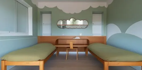 a room with three wooden benches and a table,children's room,doctor's room,children's bedroom,treatment room,hospital ward,hospitalier,Photography,General,Realistic