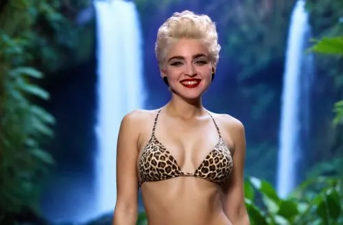 the girl takes off the top of a leopard bikini, showing two beautiful naked boobs: the girl has a beautiful and slim body, very sexy. The setting is the African jungle, where a waterfall appears at th